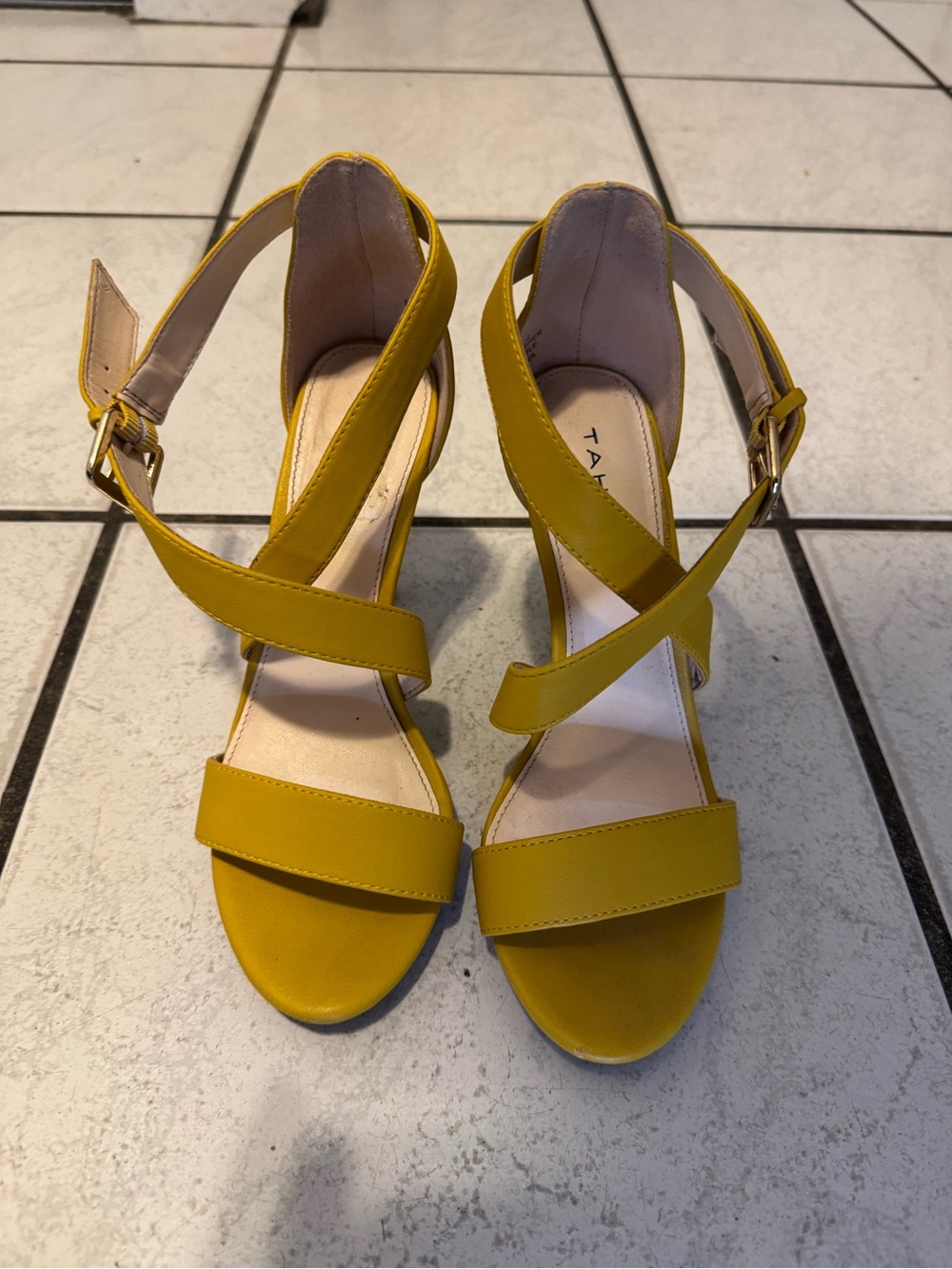 Tahari Mustard Yellow Crisscross Strap Heels
